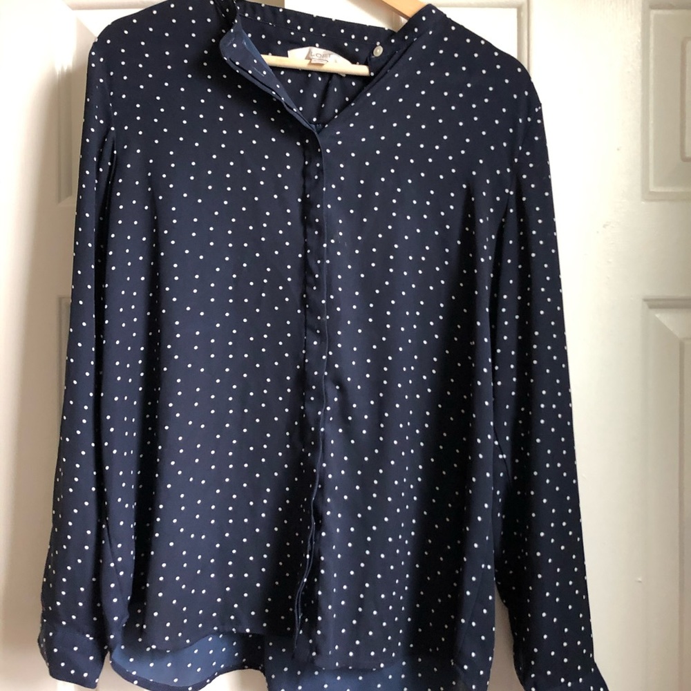 LOFT navy polka dot button up utility blouse